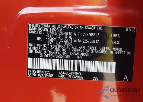 2016 Toyota Rav4 Xle from USA, damaged, VIN 2T3WFREV7GW255090